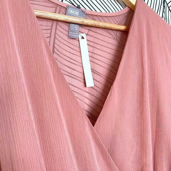 ASOS Chiffon Long sleeve Pink Occasion Wrap Mini Dress - Picture 3 of 6